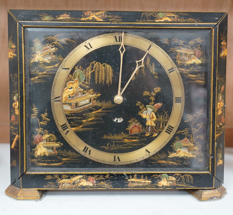 An Art Deco chinoiserie japanned mantel clock, with Smiths electric movement, 23cm tall. Condition - fair, not currently working